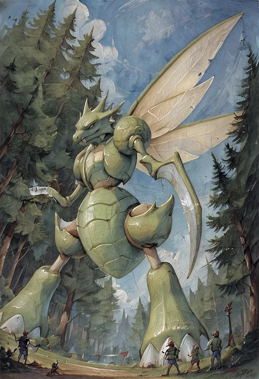 score_9, score_8, score_7, forest, night, low-angle_view, (Scyther, (giantess), male, slim), gothic art, oil painting, traditional media, realistic, best_quality