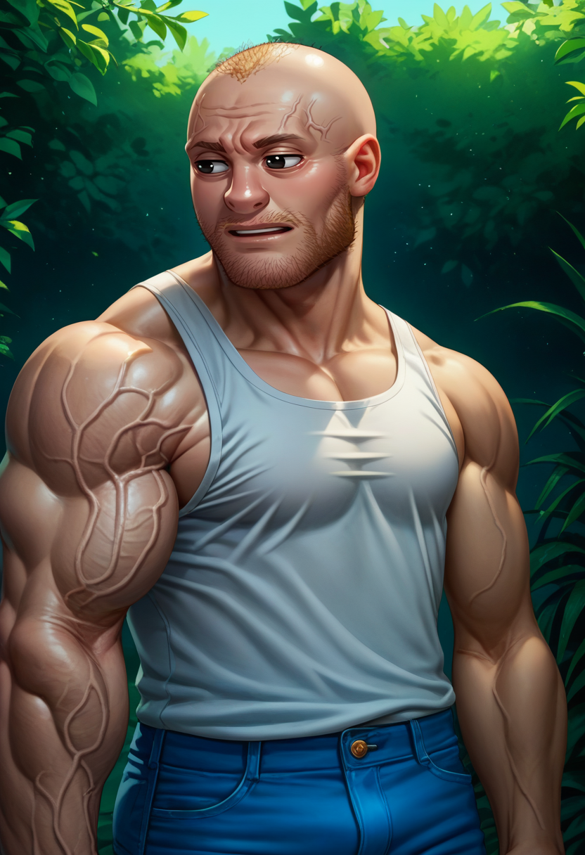 score_9, score_8_up, score_7_up, coomer, uneven muscles, 1boy, muscular male, male focus, veins, facial hair, veiny arms, beard stubble, tank top, bara, pectorals, bald, mature male, cowboy shot, short hair, biceps, sidepec, mustache stubble, blue jeans, black eyes, <lora:Coomer_pdxl_Incrs_v1:1>,