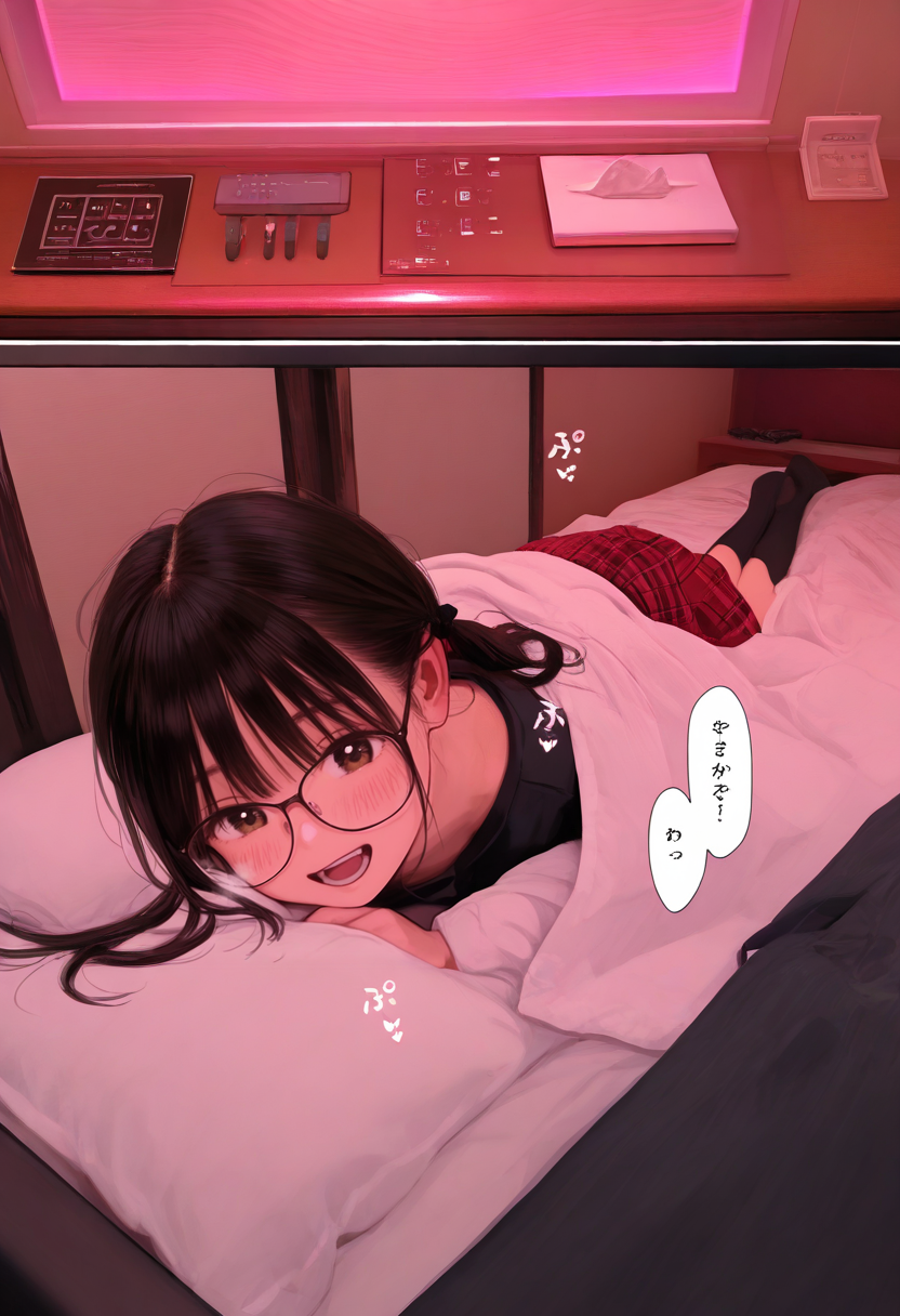 1girl, glasses, black hair, long hair, black t-shirt, long sleeves, plaid skirt, red skirt, black kneehighs, zettai ryouiki, ribbon, twintails,happy, laughing, looking at viewer, steam, 
indoors, lovehotel, tissue box, LHbedpanel, glowing, bed, pillow, blanket, comic, motion lines, action lines, sound effect, speech bubble, 
masterpiece, best quality, amazing quality, very aesthetic, absurdres, newest,
<lora:lovehotel_Illustrious_V1P:1>