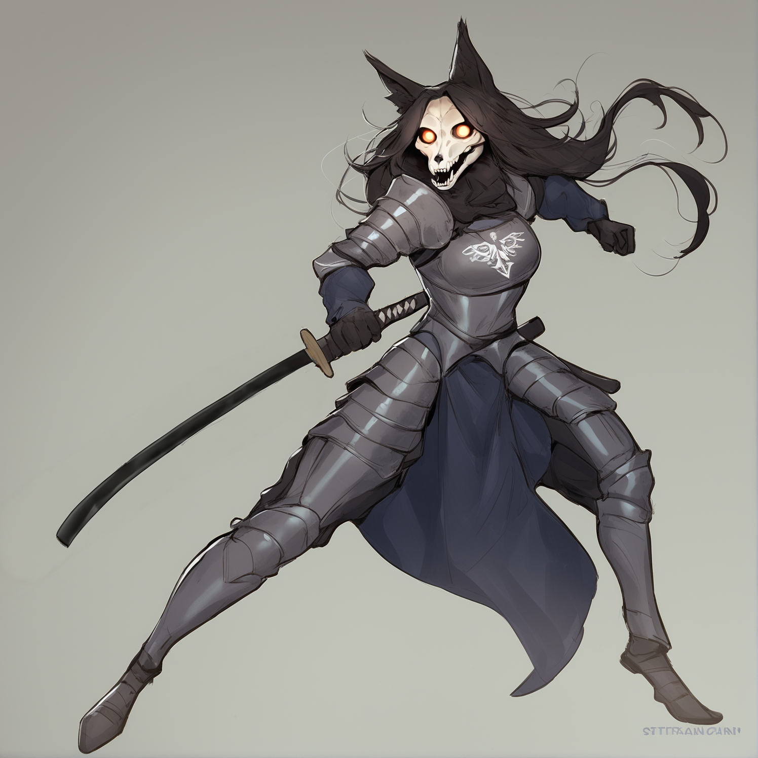 1girl, solo, <lora:Mal01471-000007:1> scp-1471, scp-1471-a, anthro mal01471,black fur,full body, action pose, dynamic pose, in a forest clearing,
<lora:Streachybear_Futanari_-_Artstyle:1>   <lora:Knight Armor:1> plate armor, wielding a katana with both hands, cosplaying as roon \(azur lane\),