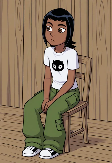 SulSum Style, ((1girl)), Green cargo Pants, Sitting on Wooden Chair, black hair, t-shirt, brown skin,