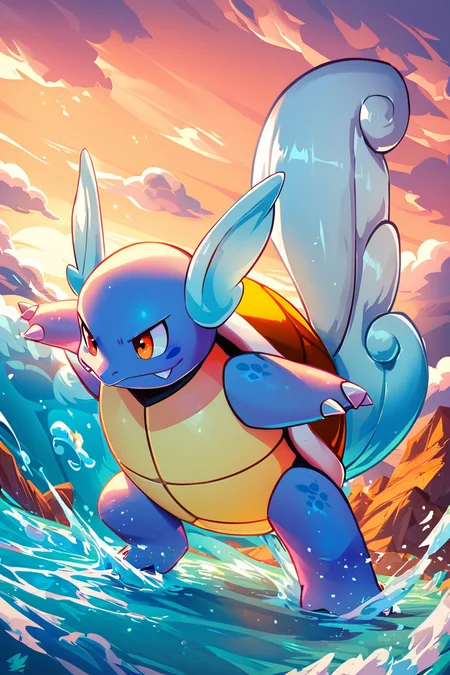 score_9, score_8_up, score_8, <lora:WartortlePokedexPDXL:1.0>, zzWartortle, no humans, fierce expression, standing on a rocky shore, crashing waves, glowing blue aura, water splashing everywhere, stormy sky background, dynamic pose, intense atmosphere, detailed shell and fins embedding:zPDXL, <lora:SDXLFaeTastic2400:0.5>,