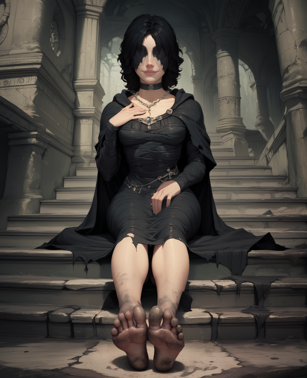 score_9,score_8_up,score_7_up,
MidenInBlack,black hair,lips,waxed covered eyes,
choker,necklace,black dress,cape,long sleeves,
light smile,hand on own chest,
sitting,barefoot,dirty feet,feet focus,soles,
stairs,magical ruins,indoors,
<lora:MaidenInBlack135:0.9>,