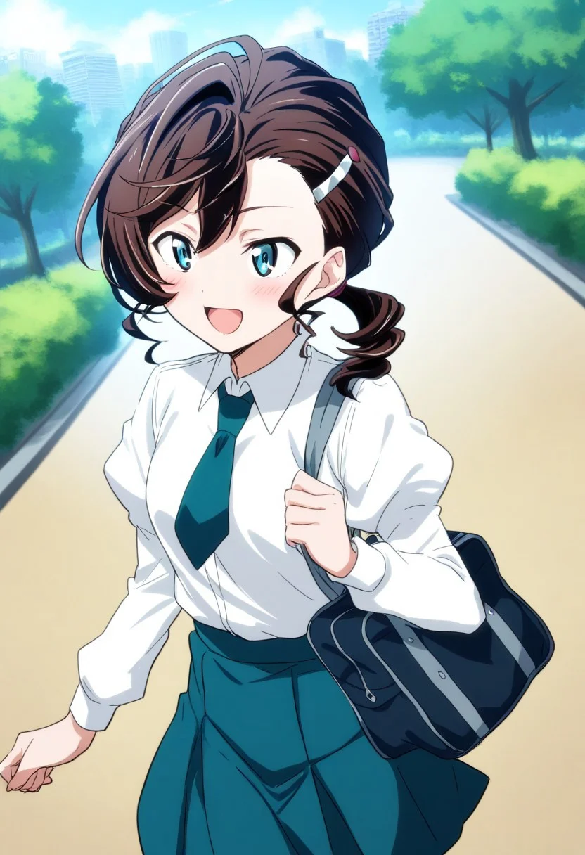 masterpiece, best quality, very aesthetic, absurdres,perfect,1girl,Inuyama Mana,GeGeGe no Kitarou,solo,cowboy shot,(day:1.5),city park with people walking,1 hair tie,laugh with open mouth,hanging 1 nylon school bag from own shoulder,walking,blue eyes,school uniform,(white shirt:1.2),(juliet sleeves:1.2),(dark sea-green necktie),(dark sea-green skirt),(single hair intake:1.5),(wavy hair),(swept bangs) and (hair pulled back:1.2),hair between eyes,(low ponytail),Ahoge,(Brown) medium hair,sideburns, 1 silver hairpin