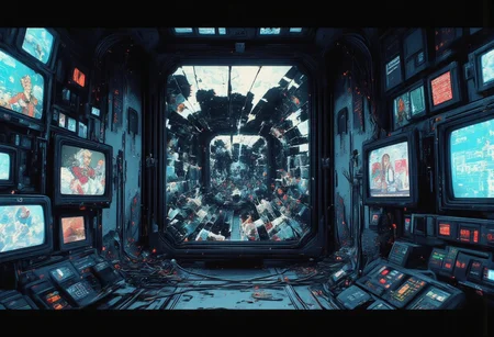 A dimly lit SCP containment chamber with cold metal walls enclosing a **cracked mirror in a black frame**. Its fractures shift unnaturally, as if alive. Around it, **monitors, measurement devices, and system units** are linked by tangled **thick cables**, snaking across the metallic floor. Some screens display **distorted alternate realities**, others show **erratic life-sign readings**, spiking as if detecting something unnatural.
The mirror reflects **countless distorted versions** of the same person, each trapped in a **different fate**—**burning, drowning, falling into darkness**, or staring back in silent horror, covered in **scars that don’t exist in reality**. Some **smile knowingly**, others scream in agony, their voices lost. **Glitch-like distortions ripple through the air**, making reflections momentarily shift, as if trying to escape.
The scene pulses with an **eerie glow**, monitors flickering with **cryptic warnings and unreadable data logs**. The deeper one stares, the more **realities unravel**, forming a **kaleidoscope of endless deaths and resurrections**. **Faint whispers of lost voices** echo in the distance: *"This is not immortality. This is a trap."*
A **VHS-horror, glitch-art, SCP Foundation aesthetic**, with **grainy textures, chromatic aberrations, and digital artifacts**, as if captured from **classified SCP surveillance footage**,(ne0nfant4sy, In the style of ff-td)