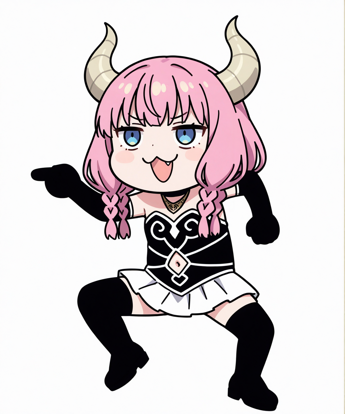 masterpiece,best quality,absurdres,highres,very aesthetic,high quality,detailed,insanely detailed,beautiful,perfect lighting,very awa,
1girl,solo,
<lora:genba_neko_like_IL_v1:1>,genba_neko,chibi,pointing,standing on one leg,:3,open mouth,meme,parody,
<lora:Aura:0.4>,AAura,demon horns,pink hair,demon girl,multiple braids,braid,blue eyes,choker,necklace,strapless dress,elbow gloves,black gloves,navel cutout,white skirt,black thighhighs,
simple background,white background,full body,