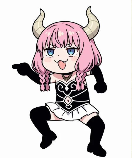 masterpiece,best quality,absurdres,highres,very aesthetic,high quality,detailed,insanely detailed,beautiful,perfect lighting,very awa,
1girl,solo,
<lora:genba_neko_like_IL_v1:1>,genba_neko,chibi,pointing,standing on one leg,:3,open mouth,meme,parody,
<lora:Aura:0.4>,AAura,demon horns,pink hair,demon girl,multiple braids,braid,blue eyes,choker,necklace,strapless dress,elbow gloves,black gloves,navel cutout,white skirt,black thighhighs,
simple background,white background,full body,