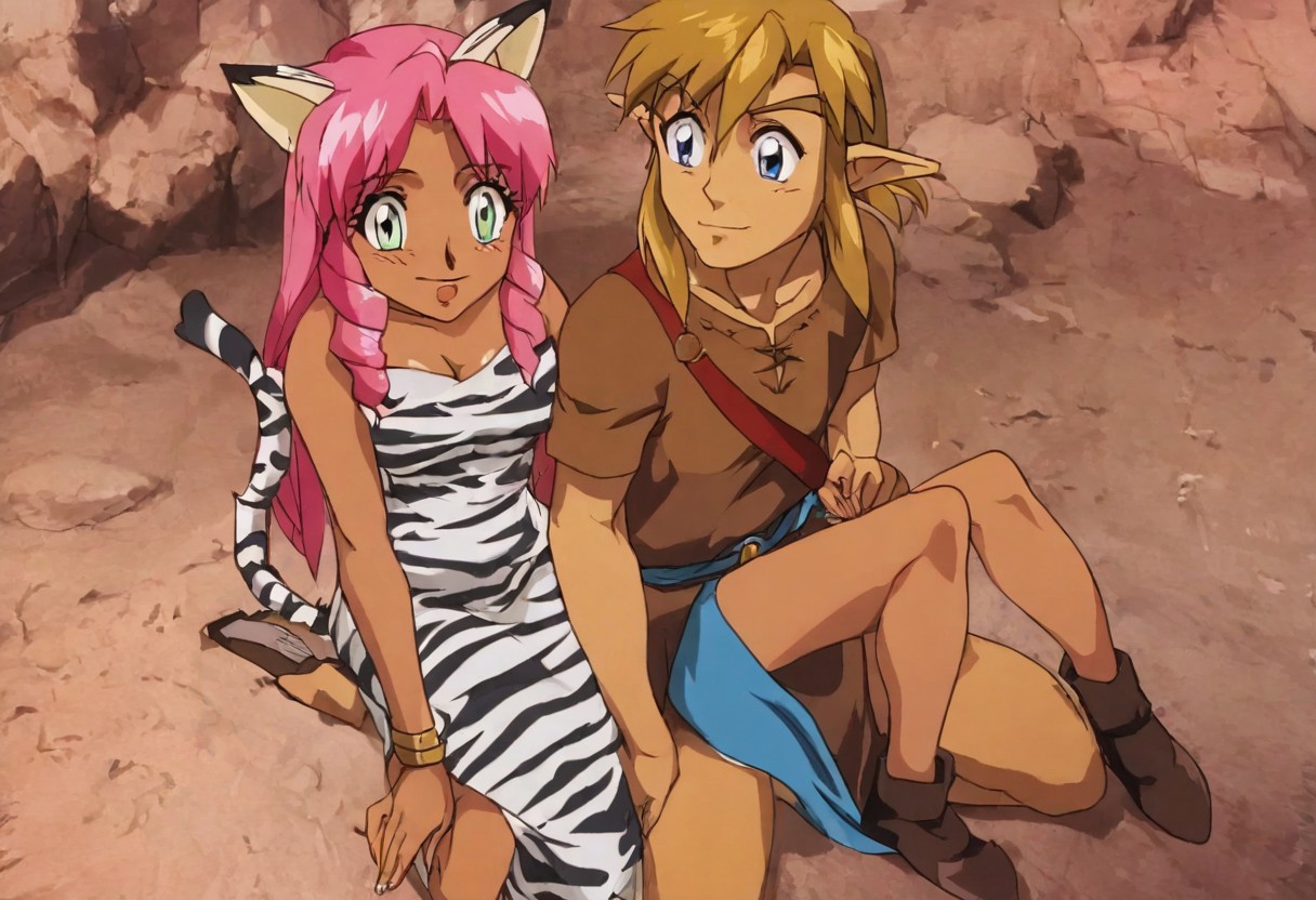 Pink_DragonPink, 1girl, sleeveless dress, white tiger print dress, pelvic curtain, cleavage, white tiger tail, red sash, small breasts, leather shoes, masterpiece, very aesthetic, cute expression <lora:pink-illustrious:1>
(anime, anime coloring:1.3),1boy,Anime screencap,link (zelda),blonde hair,blue eyes,pointy ears, wearing blue hyilian tunic,
Dragonpink sitting on Link's lap.  Dragonpink and Link smiling, dragonpink and Link look into each other's eyes, link holding dragonpink tightly from behind, dragonpink and link's bodies pressed together