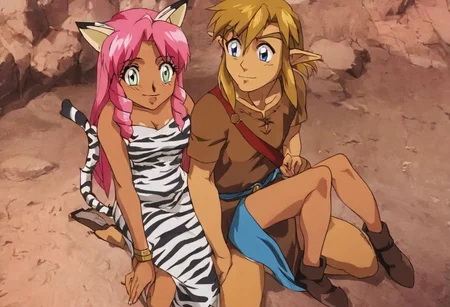 Pink_DragonPink, 1girl, sleeveless dress, white tiger print dress, pelvic curtain, cleavage, white tiger tail, red sash, small breasts, leather shoes, masterpiece, very aesthetic, cute expression <lora:pink-illustrious:1>
(anime, anime coloring:1.3),1boy,Anime screencap,link (zelda),blonde hair,blue eyes,pointy ears, wearing blue hyilian tunic,
Dragonpink sitting on Link's lap.  Dragonpink and Link smiling, dragonpink and Link look into each other's eyes, link holding dragonpink tightly from behind, dragonpink and link's bodies pressed together