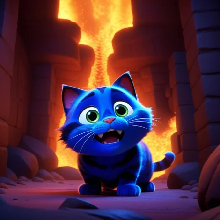 A Pixar 3D render of a cat exploring hell, reminiscent of the animation in "Finding Nemo." The cat's facial expressions are adorable and endearing, perfectly synced with its movements. The scene is bright, with a hint of cartoonish exaggeration.