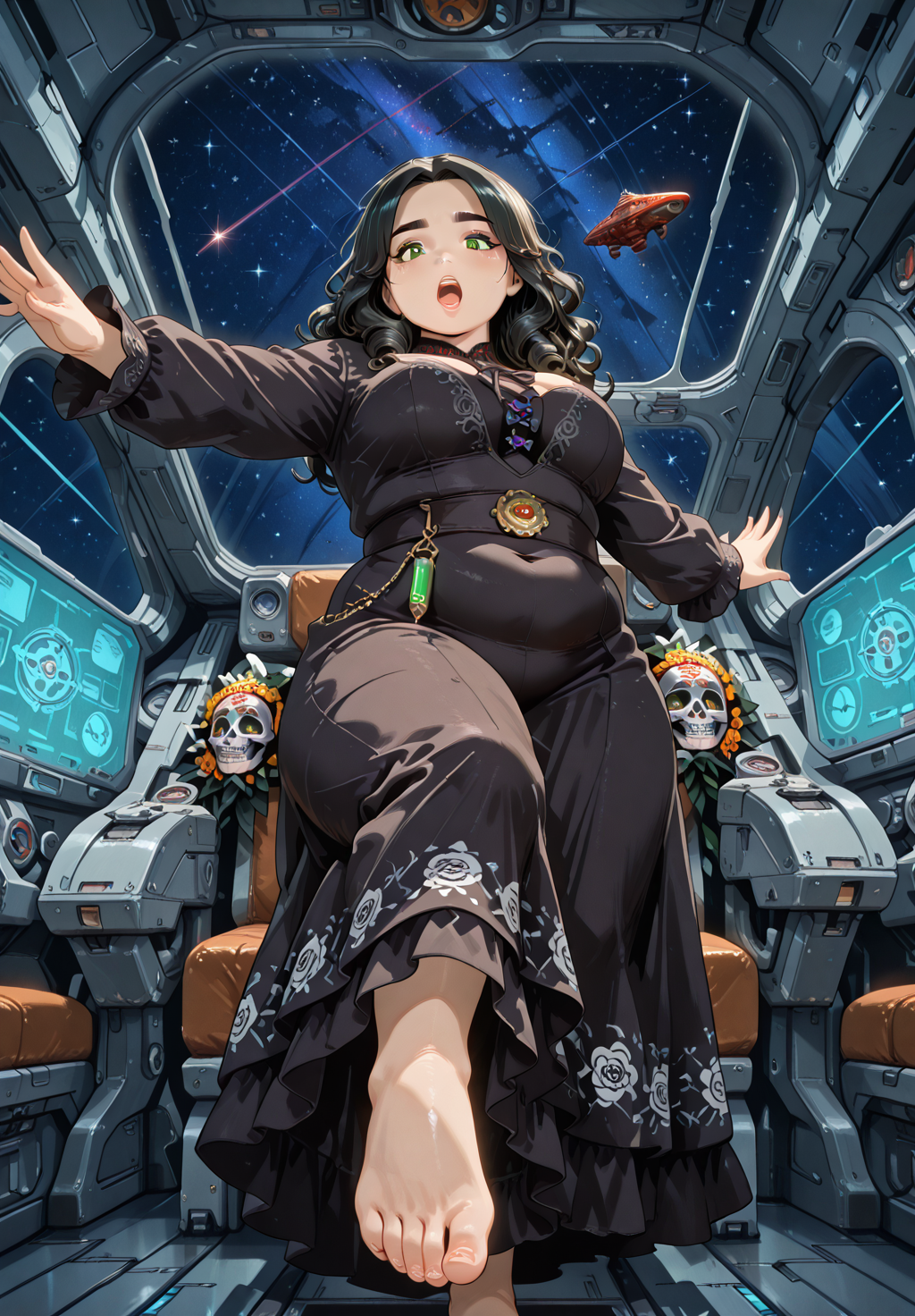 IllusP0s, PonyScores7, source_anime, ah1, IllustriousQual, interesting, exciting, spectacular, wonderful, amazing quality, absolutely eye-catching, 
BREAK <lora:xl_more_art-full_v1:0.2>, <lora:aesthetic_anime_v1s:0.2>, <lora:detailxl:0.2>, detailxl, amazing quality, best aesthetic, absurdres, illustration, Volumetric_Lighting, ultra-detailed, very aesthetic, intricate details, best_quality, lazympos, <lora:Add_Details_v1.2:0.4>, <lora:quality_modifiers_masterpieces_v1:0.2>, anime style, <lora:HDA_Detailer:0.3>, <lora:natsumi_style:0.2>, <lora:by_usakun-pony:0.2>, by usakun, <lora:Akina_Bbw_Style_-_PonyXL:0.2>, AkinBw,
BREAK (((flamenco dancing, traditional flamenco outfit, (paso de la muerte, a dramatic pose where the dancer leans back with her arms extended, creating a striking visual, this position reflects the emotional depth of flamenco, captivating the audience with its intensity)))), <lora:DynamicPoseIL2att_alpha1.0_rank4_noxattn_900steps:0.2>, dynamic pose, foreshortening, extreme perspective, <lora:dynamic_anime_art_illustriousXL:0.2>, dynamic_anime_art,
BREAK 1girl, mature female, (curvy), round-chin, caucasian, <lora:ETO_OC_Illustrius:0.5>, eto_oc, <lora:skindentation:0.2>, skindentationILL, skindentation, (plump), thick thighs, wide hips, busty, voluptuous, <lora:plussizegirls_IL:0.3>, <lora:plussizegirls_pony:0.3>, <lora:shinyskin2:0.2>, glistening skin, HDA_FatGirlXL, round ass, large breasts, <lora:perfection style:0.2>, perfection style, perfection, 
BREAK ((sinister alchemist, enigmatic with a dark robe and a vial of deadly potion)),
BREAK (curly hair), long hair, (black hair:1.4), (parted hair:1.7), messy hair, kinky curls, <lora:hairdetailpxl:0.2>, hairdetailpxl,
BREAK (half green and brown eyes), (colorful eyes), (multicolored eyes), (downturned eyes:1.4), expressive eyes, detailed eyes, (round face:1.2), (thick eyebrows:1.3), (plump face), <lora:Round_face:0.2>, lips,
BREAK (((Exhilarated, Filled with excitement and enthusiasm, thrilled expression))), <lora:Expressive_H:0.2>, Expressiveh, <lora:Emotional_Anime_Expressions_PonyXL_Concept:0.2>, emotional, <lora:Best_Facial_Expression_LoRA_PONY:0.2>, looking at viewer, <lora:Detailed expressive EXEV style -XL Pony V1.0:0.2>, FaceDetail, <lora:Best_Facial_Expression_Helper_XTREME_ILLU:0.4>, kaogei,
BREAK (((<lora:SpaceBridge:0.8>, br1dg3, indoors, science fiction, scenery, spacecraft, star (sky), space, interior, window, chair, cockpit, holographic monitor, screen))), ((((from below), feet focus))), 4k, 8k, Ultra HD, Masterpiece, Best quality, Detailed background, <lora:AddMicroDetails_Illustrious_v3:0.2>, addmicrodetails