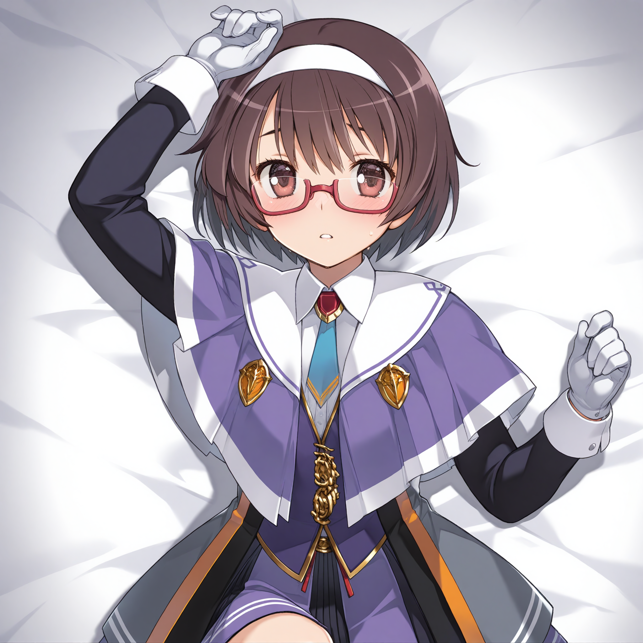 <lora:Sushinu_the_Gandhi_1_nai-000080:1>,Sushinu the Gandhi,
glasses,white gloves,semi-rimless eyewear,necktie,purple capelet,under-rim eyewear,red-framed eyewear,long sleeves,white hairband,purple dress,white collar,white shirt,
1girl,solo,on bed,lying,on back,front view,looking at viewer,arm above head,straight-on,knee up,blush,parted lips,flustered,