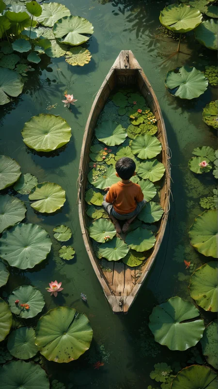 Tatsuro, top view, a small wooden boat floating in the pond, with lotus leaves and a few small fish swimming in the pond. A little boy is lying on the small wooden boat, with their back to us, It has a fresh and peaceful atmosphere, Graphic illustration
award winning artwork,
many details, extreme detailed, full of details,
Wide range of colors., Dramatic,Dynamic,Cinematic,Sharp details
Insane quality. Insane resolution. Insane details. Masterpiece. 32k resolution.
<lora:add-detail-xl:0.65> <lora:casting shadow style v2:0.1> casting shadow style, cucoloris patterned illumination <lora:CinematicStyle_v1:0.1> <lora:Disturbia:0.15> <lora:dvr-lnds-sdxl:0.1> dvr-lnds-sdxl <lora:MJ52:0.2> <lora:princess_xl_v2:0.1> <lora:ral-dissolve:0.1> ral-dissolve <lora:ral-ertmsphr:0.1> ral-ertmsphr <lora:ral-porcelain:0.3> ral-porcelain <lora:ral-pxlprtcl:0.31> ral-pxlprtcl <lora:xl_more_art-full_v1:0.5>