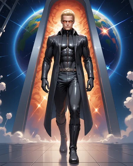 PonyScores7, source_anime, ah1, best quality, (masterpiece:1.4), (high quality:1.4), sharp focus, 4k, absurd resolution, <lora:albertwesker-guy-PONYv1:0.8> albertwesker, albert wesker, 1boy, blonde, black gloves, (sunglasses:1.3), belt, black coat, black pants, looking at viewer, toned, athletic, fit, slicked back hair, black turtleneck, zipper, mature male, short hair, (graphene textured clothes), black boots, (space archaeologist, with a relic scanner uncovering ancient technologies to advance current science inquisitive and knowledgeable), (planet earth in space), bad-hands-5, ((Serene expression)), <lora:xl_more_art-full_v1:0.2>, <lora:shinyskin2:0.2> glistening skin, <lora:aesthetic_anime_v1s:0.2>, <lora:Expressive_H:0.2> Expressiveh, <lora:hairdetailpxl:0.2> hairdetailpxl, <lora:detailxl:0.2> detailxl, (full body), (focused, intense glare), short hair, (reddish orange eyes, slit pupils), best quality, amazing quality, best aesthetic, absurdres, <lora:expressive eyes:0.2> expressive eyes, <lora:eyedetailpxl:0.2> eyedetailpxl, illustration, Volumetric_Lighting, ultra-detailed, very aesthetic, intricate details, 8k, masterpiece, best_quality, (angular face, sharp_featured face), <lora:Eyes_High_Definition:0.2> EyesHD, handsome, charming, alluring, AS-MidAged, <lora:Complicated fantasy portrait - XL Pony V2.0:0.8>