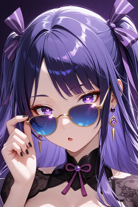 lazypos, musou isshin (genshin impact), 1girl, :o, adjusting eyewear, artist name, black nails, purple hair, earrings, fingernails, hair ribbon, heart, heart-shaped pupils, jewelry, long hair, parted bangs, thin gold framed sunglasses, blue tinted lens, portrait, purple background, purple eyes, purple ribbon, ribbon, simple background, solo, symbol-shaped pupils, tinted eyewear, two side up, upper body