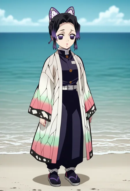 score_9, score_8_up, score_7_up, full body, sea, standing <lora:Sh1n0buK0ch0XL_Pony_v1:1> k0ch0ush1n0bu, black hair, 1girl, butterfly hair ornament, butterfly dress, purple eyes