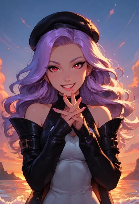 score_9, score_8_up, score_7_up, cute, faded bright colours, ultra detailed, dynamic sunlights, dynamic shades, one cute girl, cute Brazilian woman, backyard, black leather jacket, beret, laughing, delighted, slender, light purple hair, curly hair, shiny-red eyes, smile, bare shoulder, black leather jacket, looking at viewer, sunset, beach boardwalk, dynamic pose, high angle shot..
In the dimly lit chamber, the enchantress' eyes sparkled with a tantalizing promise, their depths shimmering like twin stars. Her gaze, intense and mesmerizing, held the power to captivate and ensnare. The soft glow of the firelight played across her delicate features, highlighting the allure of her enigmatic smile. Draped in flowing, ethereal robes that clung to her graceful form, she moved with a fluid elegance that seemed almost otherworldly. Each glance she cast was a silent invitation, filled with the unspoken allure of secrets and desires yet to be revealed. The air around her thrummed with a subtle, magical energy, as if the very atmosphere responded to her presence. Those who met her gaze felt a magnetic pull, drawn into the spellbinding promise of her eyes, unable to look away.
