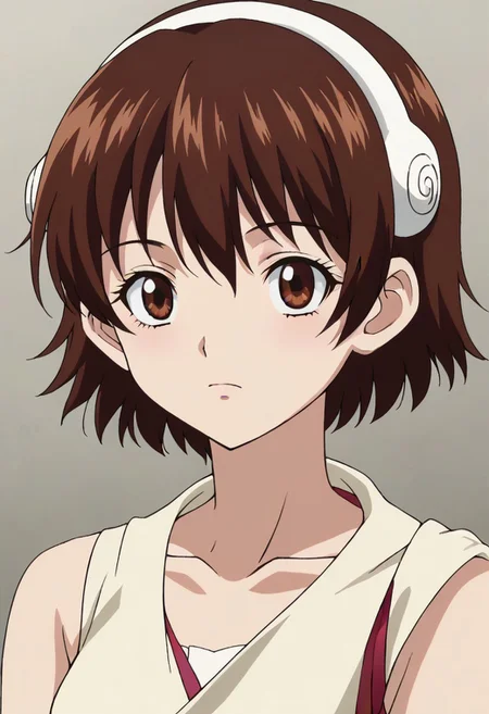 <lora:SlimesYuzuriha:1>, slimes_yuzuriha, woman, solo,short hair,brown hair,brown eyes,