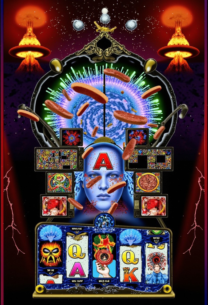 Slot machine graphics from front view . Disturbing scenes of addiction, people injecting drugs heroin, white powder, drinking alcohol smoking cigarettes. very strange surrealist style with holographic vortex featuring swirls of holotropic colour and glowing eyes wet distorted factory shot. On the television sets are glowing hands, with electricity coming off the finger tips. swirling around her head are holograms of  glyphs chaos magick symbols. the room has thick electricity cables and smoke is coming off them. large wet glistening slices of wet soggy ham and hot dogs are floating in the air, dripping gooey sauce combining mustard and blood, there are multiple wet hotdogs floating. on the wall in the background are photos of nuclear explosions
