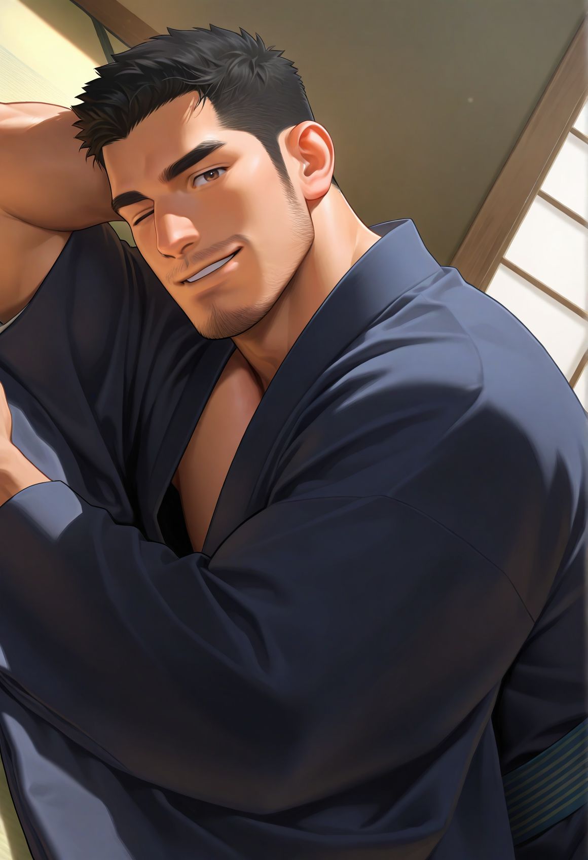 asian,1boy,bara,brown eyes,black hair,long sideburns,
kimono,looking at viewer,parted lips,lying on side,sunlight,one eye closed,smile,from side,
very awa,masterpiece,best quality,absurdres,newest,perfect quality,detailed background,intricate details,
<lora:wwh-vc:0.6>,goatee,stubble,mustache,
