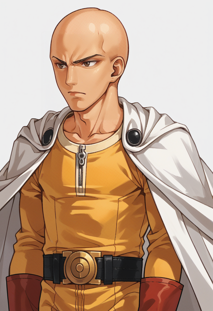 score_9, score_8_up, score_7_up, source_anime, 1boy, solo,
<lora:zs_FE10PortraitsXL:1> fe10portraits, portrait, white background
 <lora:Hoseki_OnePunchMan_Saitama_PDXL_v1:1> 0pm, 1boy, bald, brown eyes, yellow bodysuit, zipper, black belt, belt buckle, white cape, red gloves,
