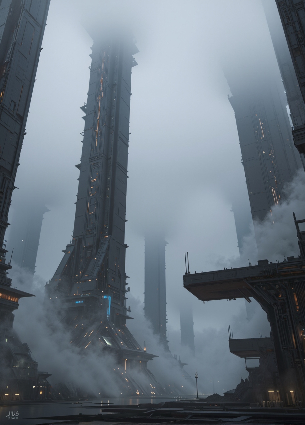 <lora:ck-Sci-Fi-Concepts:0.7>, in the style of ck-sfc, Visualize Artemis Station as a towering, enigmatic structure rising from a cold, fog-laden world. The massive spires stretch skyward, their dark metallic surfaces glistening with condensation from the mist. Each tower is adorned with intricate, glowing lines of orange and blue lights, hinting at the advanced technology within. The fog is thick at ground level, muffling sounds and creating an eerie, quiet atmosphere, while faint mechanical hums reverberate through the air. In the distance, other towering monoliths fade into the fog, creating a sense of endlessness. The lighting is soft and diffused, with occasional beams piercing through the fog from docking bays, casting long, dramatic shadows. The camera is set at ground level, looking up at the overwhelming scale of the station, emphasizing its imposing and mysterious nature. no humans.
<lora:flux.1_lora_flyway_Epic-detail_v2:0.6>
 <lora:CPA:0.5>
 <lora:BLUE_mk4_angel_FLUX_01:0.30>