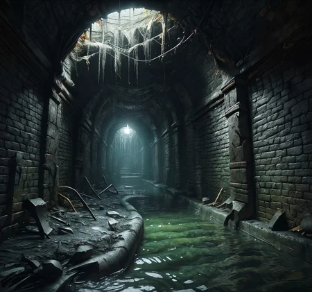 RAW photo, (masterpiece:1.3), subsurface scattering, heavy shadow, (high quality:1.4), (intricate, high detail:1.2), professional photography, HDR, High Dynamic Range, realistic, ultra realistic, photorealistic, high resolution, film photography, ambient lighting, atmospheric effects, <lora:detail_slider_v4:2.5>, OverallDetail,  <lora:Sewers:1>, sewers, dark, fantasy, light, no humans, scenery, sewers, stairs, water,