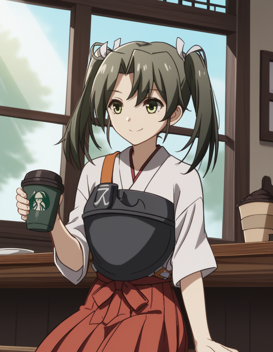 score_9, score_8_up, score_7_up, source_anime, <lora:kacolle-zuikaku-s1-ponyxl-lora-nochekaiser:1>, zuikaku, long hair, ribbon, twintails, green eyes, hair ribbon, zuikaku (kancolle), skirt, japanese clothes, muneate, red skirt, pleated skirt,, cafe, coffee cup, barista, sitting down, talking, relaxing, sunlight through window, , , v, smile, solo,, cowboy shot, dutch angle