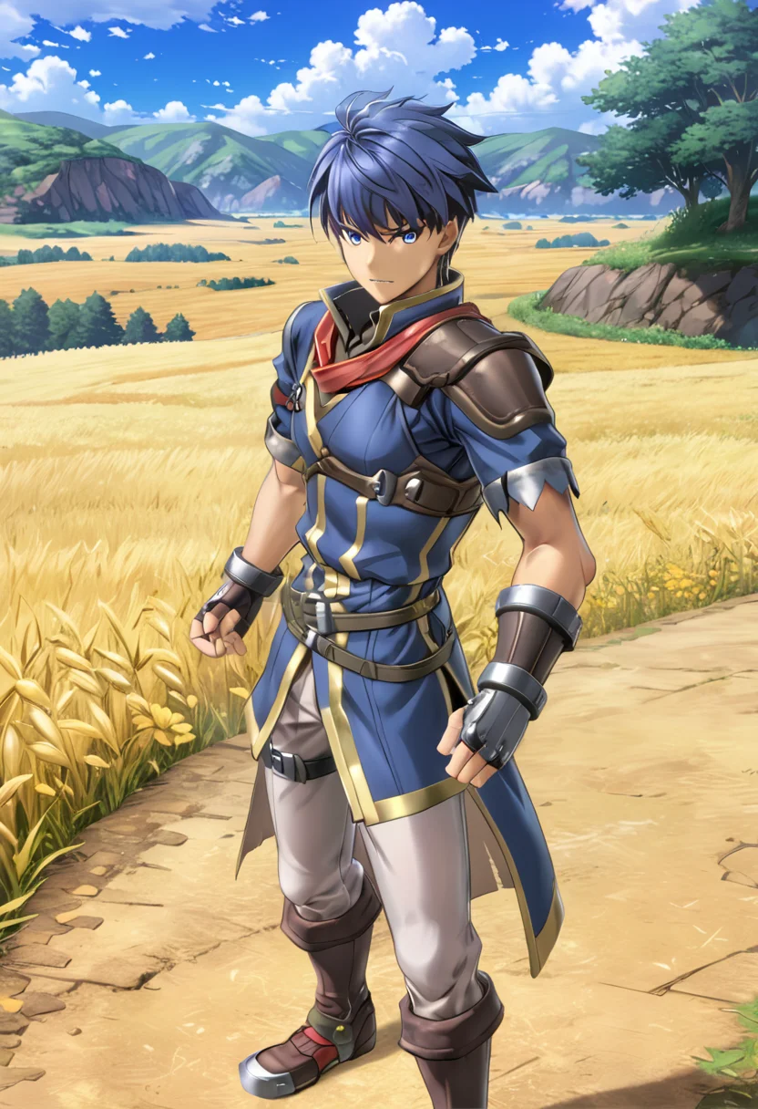 <lora:IKEFEXL:1> IKEFEXL, 1boy, man, standing in a field, blue hair, blue eyes, (anime, masterpiece, intricate:1.3), (best quality, hires textures, high detail:1.2), (4k),(incredibly detailed:1.4),UHD, 8K, ultra detailed