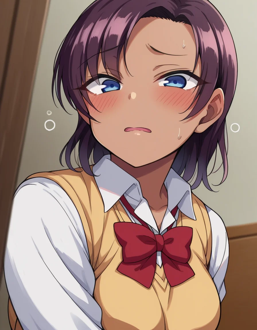 score_9, score_8_up, score_7_up, source_anime,
saehinata, <lora:sae-hinata-ponyxl-lora-nochekaiser:1>
sae hinata, blue eyes, purple hair, dark skin, dark-skinned female,
shirt, bow, school uniform, white shirt, collared shirt, bowtie, red bow, sweater vest, brown sweater, skirt, blue skirt,
indoors, bed, bed room, on side, blush, drunk,
looking at viewer, dutch angle, cowboy shot,