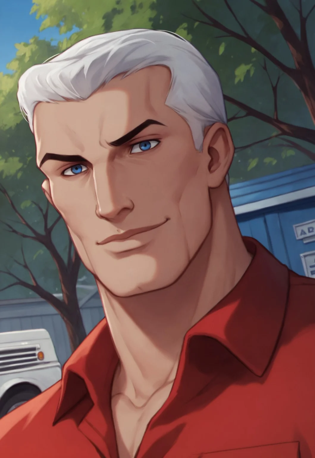 score_9, score_8_up, RaceBannon, blue eyes, short hair, red shirt, sleeves rolled up, white hair, muscular, portrait, looking at viewer, smile, garage, outdoors, blue sky, tree, dutch angle, rugged male, manly,