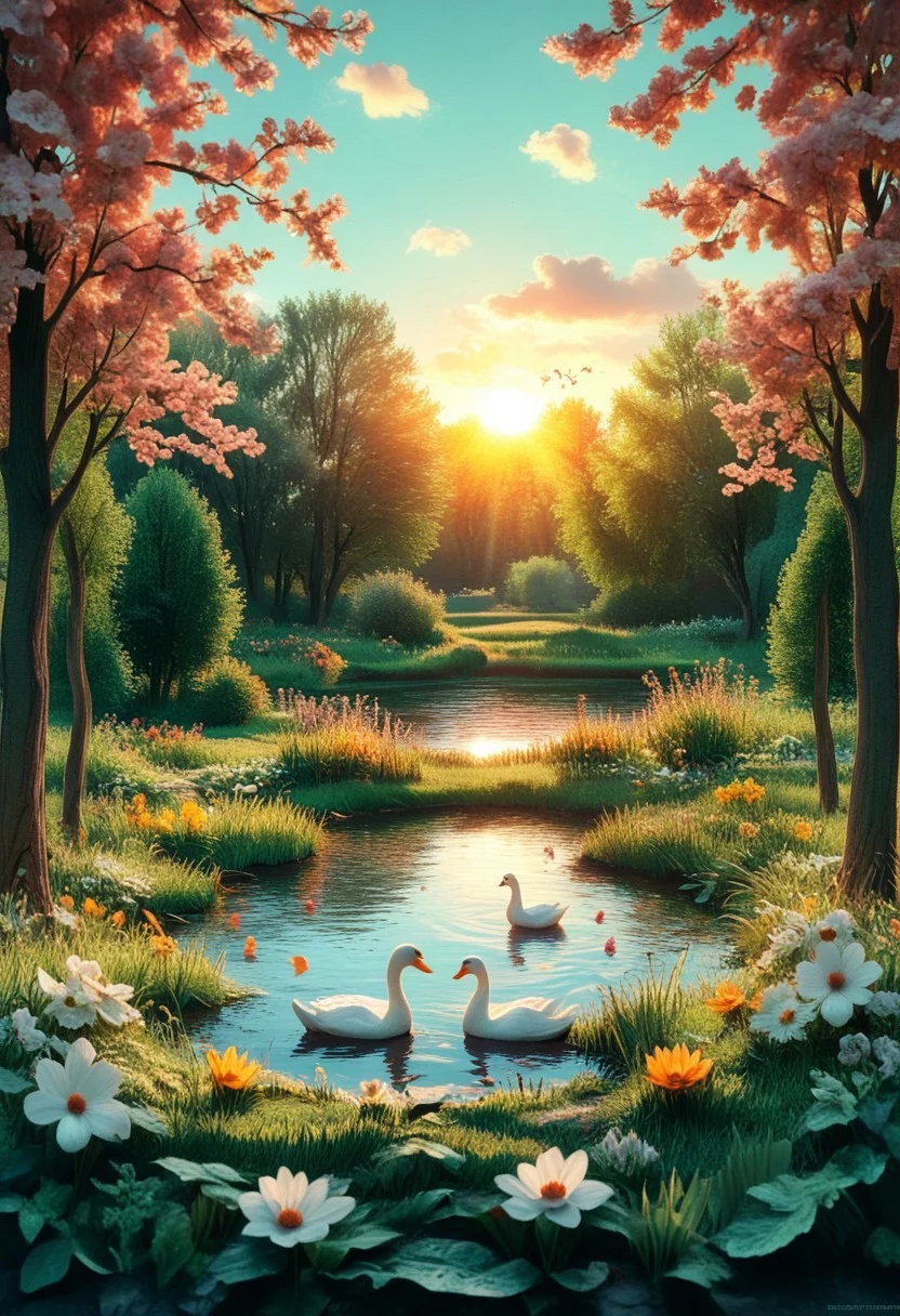 wide landscape view, fantastic HT scene,
summer. Pond, floating duck and swans, grass and flowers on the bank, bench on the bank, a sunny day, a man and a woman stand on the bank of the pond, holding hands
high contrast, stylized, clear, surreal, ultra quality , 8k, best quality, masterpiece, textural, artistic, midjourneyv6.1, Colorful Chaos Cracks and Drops, surr, psychedelicv2lora, colorful, abstract, psychvibes artstyle, Papercut