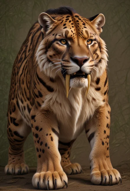 Smilodon gracilis, saber tooth, panthera ancestral, power animal with characteristics of several modern felines, dark brown body pattern with rosettes and stripes, solo, river, forest, claws, brown liger tigon hybrid, looks like a huge jaguar tiger hybrid with the pattern of an clouded leopard's coat, full body, grass, trees