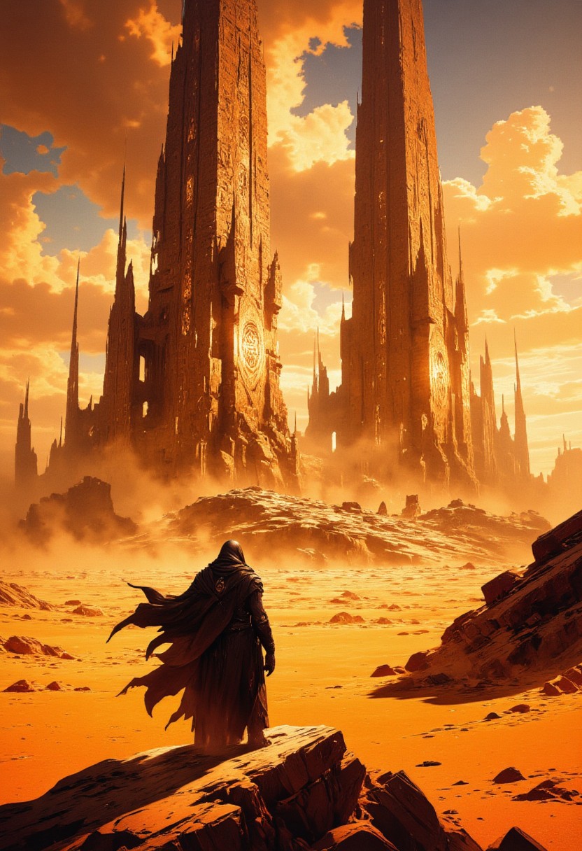 This is a highly detailed digital sci-fi themed painting depicting a desolate, sandy wasteland with two towering, ancient structures in the background. The scene is bathed in warm, golden hues and long shadows are creating a dramatic, almost otherworldly atmosphere. The structures, likely ruins, exhibit intricate carvings and are covered in dust, suggesting a long-abandoned alien civilization. In the foreground, a lone figure clad in dark, flowing robes stands facing the ruins, adding a sense of mystery and solitude. The figure's back is turned to the viewer with a slightly hunched posture. The sky is a mix of orange and yellow clouds, blending seamlessly with the earthy tones of the sand and the structures. The camera angle is slightly low, emphasizing the grandeur of the ruins and the vastness of the landscape. The lighting highlights the textures and details of the ruins and the figure, creating a sense of depth and realism. The camera angle is low adding to the epic scale of the ruins.
