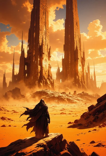 This is a highly detailed digital sci-fi themed painting depicting a desolate, sandy wasteland with two towering, ancient structures in the background. The scene is bathed in warm, golden hues and long shadows are creating a dramatic, almost otherworldly atmosphere. The structures, likely ruins, exhibit intricate carvings and are covered in dust, suggesting a long-abandoned alien civilization. In the foreground, a lone figure clad in dark, flowing robes stands facing the ruins, adding a sense of mystery and solitude. The figure's back is turned to the viewer with a slightly hunched posture. The sky is a mix of orange and yellow clouds, blending seamlessly with the earthy tones of the sand and the structures. The camera angle is slightly low, emphasizing the grandeur of the ruins and the vastness of the landscape. The lighting highlights the textures and details of the ruins and the figure, creating a sense of depth and realism. The camera angle is low adding to the epic scale of the ruins.