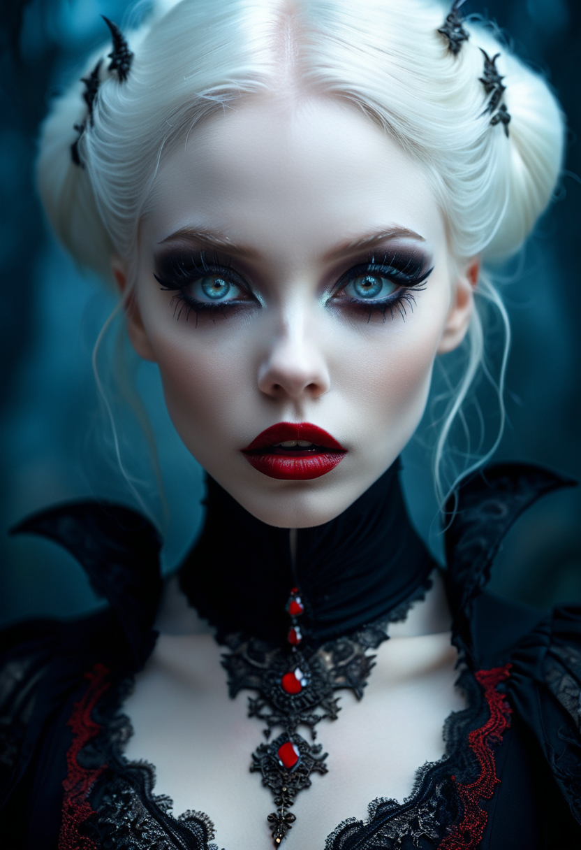 fantasy setting, bright piercing eyes, mascara,  breathtaking Natalie Shau style portrait , 8K, beautiful German vampire, hungry expression,  evil, alluring, spooky, white hair, predator, pale skin, horror, night, low light, sharp focus, studio photo, intricate details, highly detailed,, chin up, looking down, 
<lora:add-detail-xl:1>
 <lora:MJ52:0.5> vignette, highly detailed, bokeh, moody, epic, gorgeous, film grain, grainy