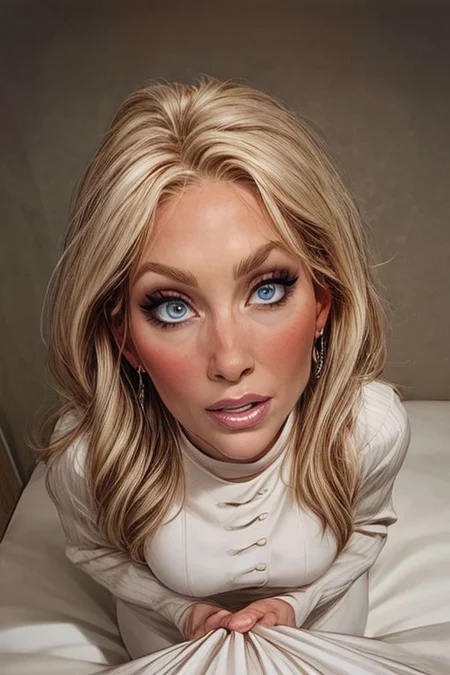 solo,1 girl 35 years old, mature female, milf, blonde hair, long hair, straight hair, blue eyes, black eyebrows, big breast, amazing pert butt, amazing thighs, busty, make up, round earrings, necklace, Portrait, close up,  milfy_mindy, hotmama, looking at the view, detail face, head turned,  white dress decollete, view from above, flirt face