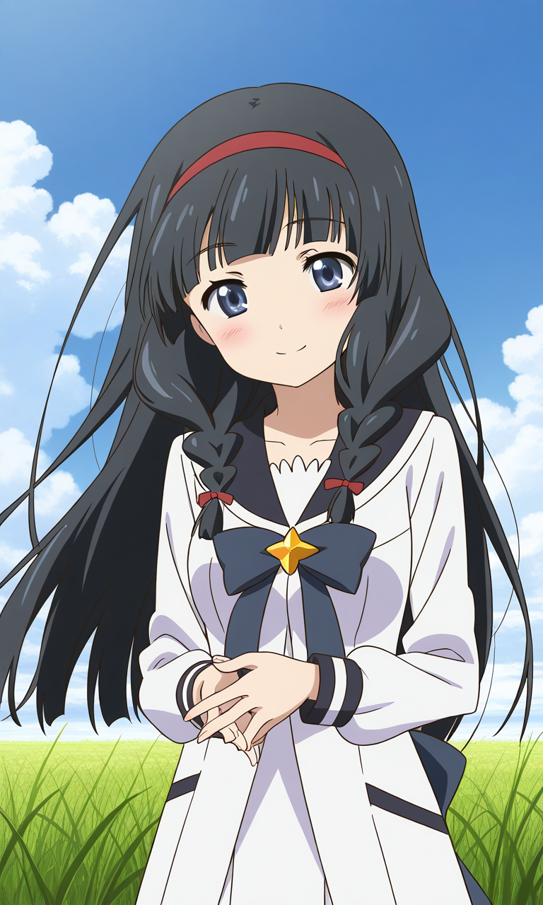 general,highres, ultra-detailed,very aesthetic,best quality ,best hands,  BREAK <lora:Itsuki_Houkago_no_Pleiades_IS:1> BREAK,
Itsuki(Pleiades), 1girl,solo, black hair, long hair, blue eyes, red hairband, twin braids, blunt bangs,breasts, anime coloring, BREAK,
 solo,  school uniform, blush, smile, cloud, sky, serafuku, upper body, long sleeves, cloudy sky, closed mouth, shirt, ribbon
grass, sky,
