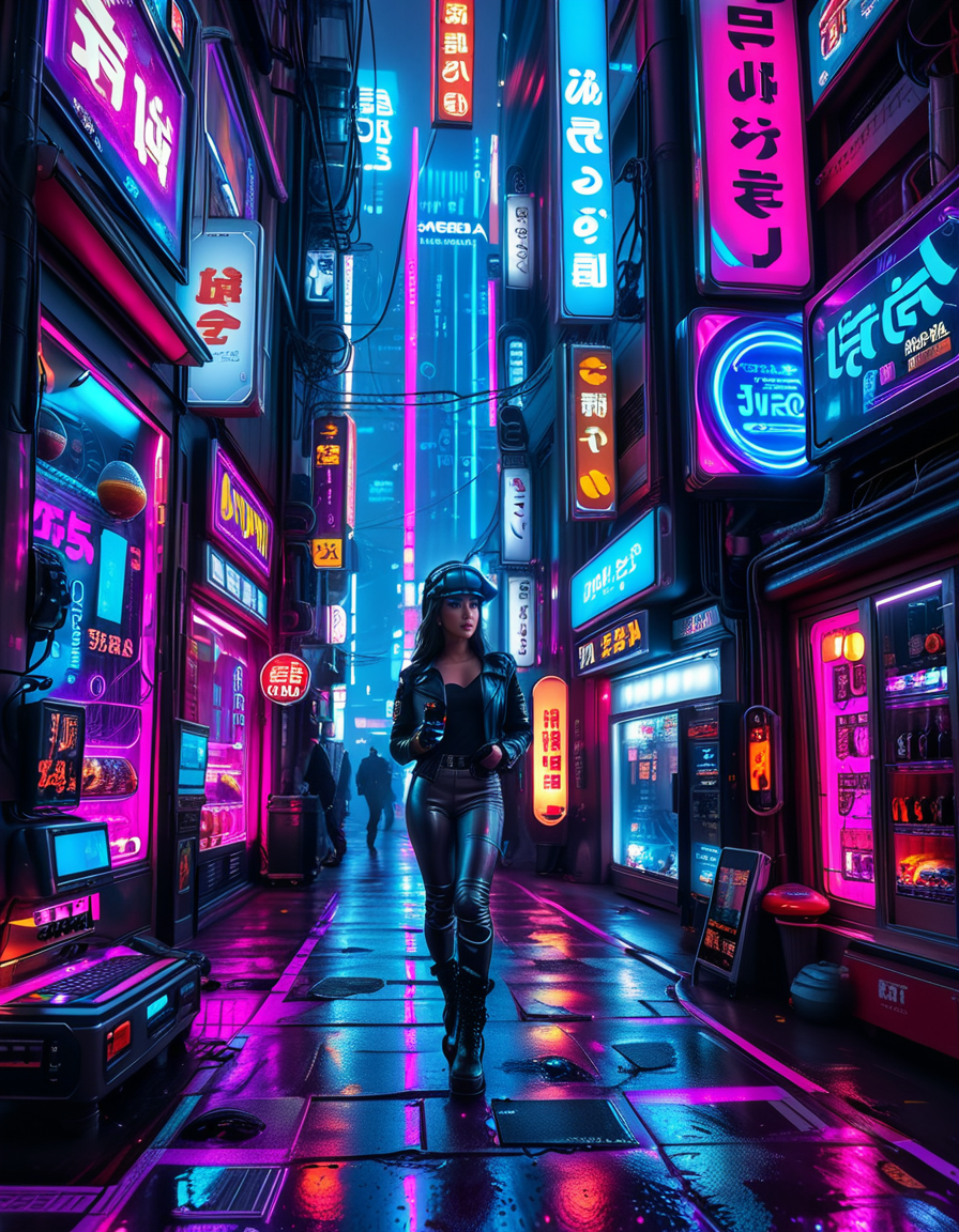 A young woman standing confidently in the middle of a neon-lit cyberpunk street,cyberpunk str33t, dressed in futuristic hacker attire. She is wearing a sleek black leather jacket adorned with glowing blue circuit patterns, a high-tech visor over her eyes displaying scrolling digital data, and fingerless gloves with embedded LED lights. Her pants are form-fitting and metallic, with glowing strips running down the sides, and she has rugged combat boots with neon accents. Her posture is assertive, holding a small, holographic tablet in one hand with glowing data projections hovering above it, while her other hand rests on her hip. Her expression is intense and focused, exuding intelligence and determination. The background features a bustling urban environment with towering skyscrapers covered in vibrant neon signs in various languages, flickering holographic advertisements, and cables crisscrossing above. The ground is wet, reflecting the colorful lights of the city, and faint mist and smoke from nearby vents add depth and atmosphere. The overall mood is futuristic, edgy, and brimming with the energy of a high-tech dystopian world.
<lora:SDXLFaeTastic2400:0.4> <lora:extremely_detailed:0.4> extremely detailed, <lora:cyberpunk_str33t:1>, Masterpiece,best quality,hi res,8k,hi res,8k,award winning,(sharp focus, intricate, highly detailed),