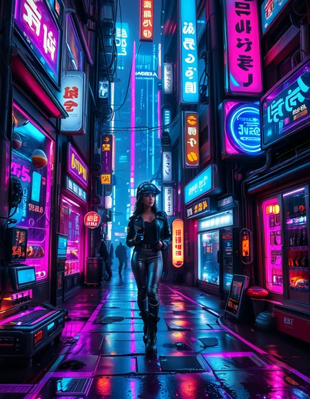 A young woman standing confidently in the middle of a neon-lit cyberpunk street,cyberpunk str33t, dressed in futuristic hacker attire. She is wearing a sleek black leather jacket adorned with glowing blue circuit patterns, a high-tech visor over her eyes displaying scrolling digital data, and fingerless gloves with embedded LED lights. Her pants are form-fitting and metallic, with glowing strips running down the sides, and she has rugged combat boots with neon accents. Her posture is assertive, holding a small, holographic tablet in one hand with glowing data projections hovering above it, while her other hand rests on her hip. Her expression is intense and focused, exuding intelligence and determination. The background features a bustling urban environment with towering skyscrapers covered in vibrant neon signs in various languages, flickering holographic advertisements, and cables crisscrossing above. The ground is wet, reflecting the colorful lights of the city, and faint mist and smoke from nearby vents add depth and atmosphere. The overall mood is futuristic, edgy, and brimming with the energy of a high-tech dystopian world.
<lora:SDXLFaeTastic2400:0.4> <lora:extremely_detailed:0.4> extremely detailed, <lora:cyberpunk_str33t:1>, Masterpiece,best quality,hi res,8k,hi res,8k,award winning,(sharp focus, intricate, highly detailed),