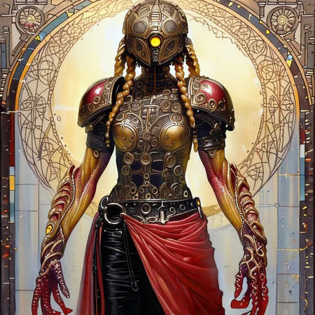 Bionic Woman,1girl, looking at looking at viewer, Heavy braids, yellow eyes || helmet, o-ring top, red sarong, black shorts, shoulder armor, monster girl, 1girl, monster girl, gradient, colored skin, solo, covered eyes,, ultra detailed, masterpiece, best quality, aesthetic, detailed,
ArsMJStyle, Art Nouveau