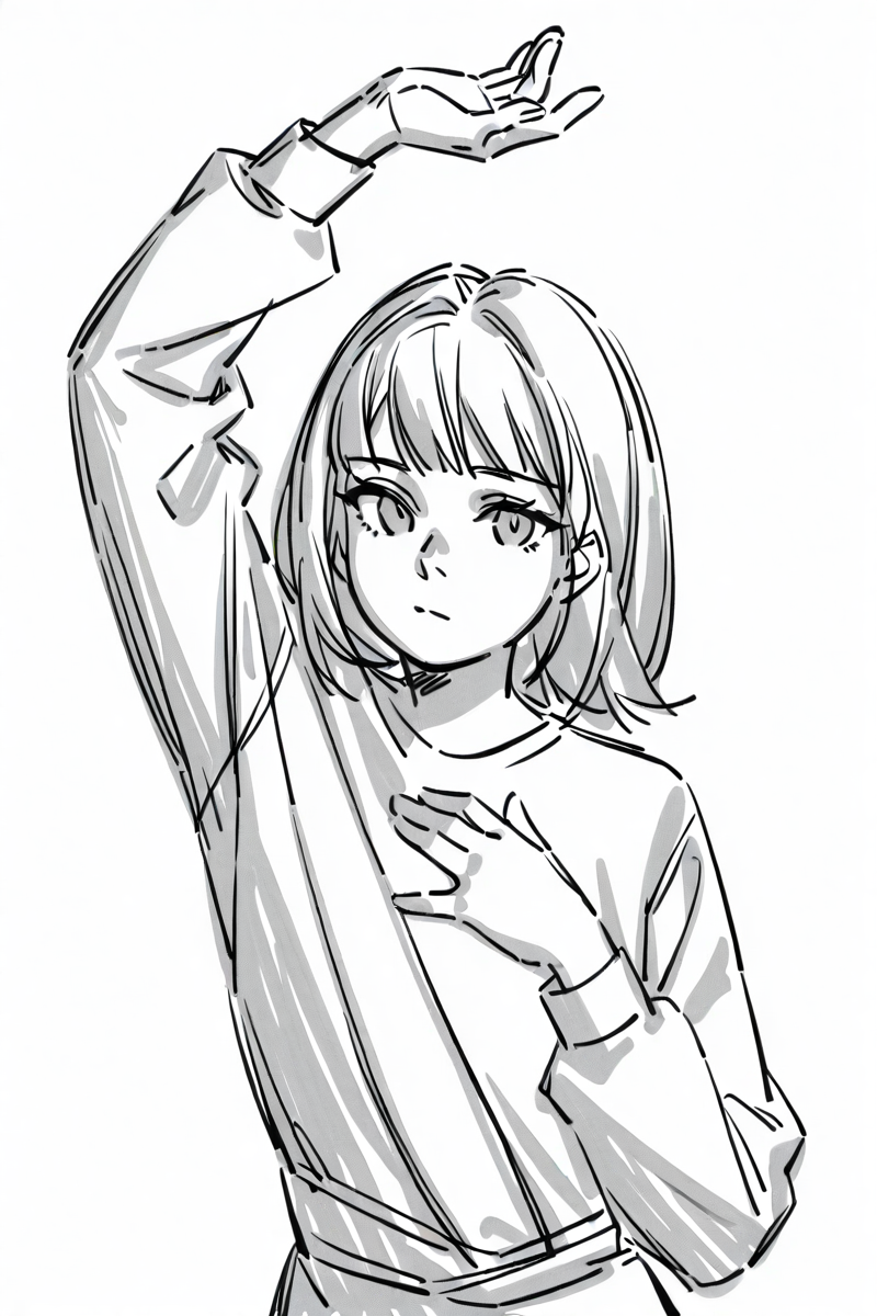 <lora:Sktchst_IL:1> sktchst, solo, monochrome, greyscale, 1girl, simple background, white background, sketch, looking at viewer, bangs, arm up, closed mouth, upper body, hand up, long sleeves
