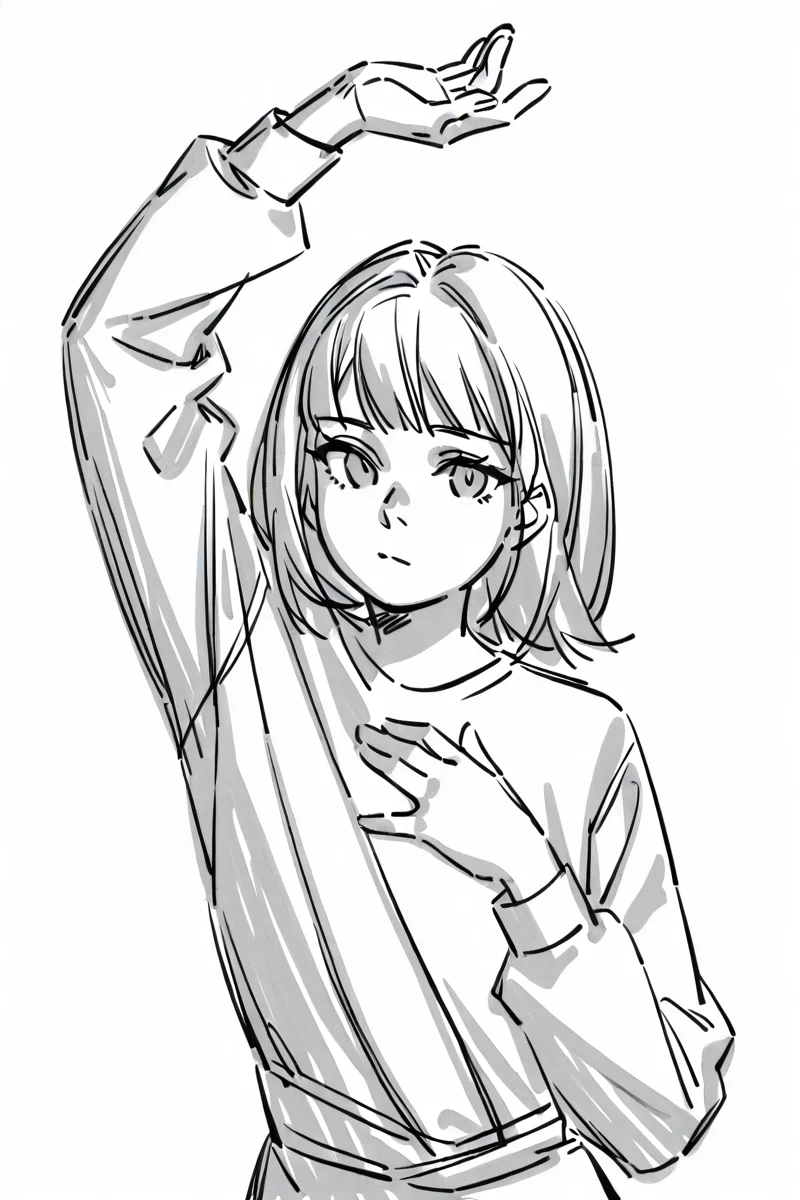 <lora:Sktchst_IL:1> sktchst, solo, monochrome, greyscale, 1girl, simple background, white background, sketch, looking at viewer, bangs, arm up, closed mouth, upper body, hand up, long sleeves