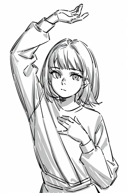 <lora:Sktchst_IL:1> sktchst, solo, monochrome, greyscale, 1girl, simple background, white background, sketch, looking at viewer, bangs, arm up, closed mouth, upper body, hand up, long sleeves
