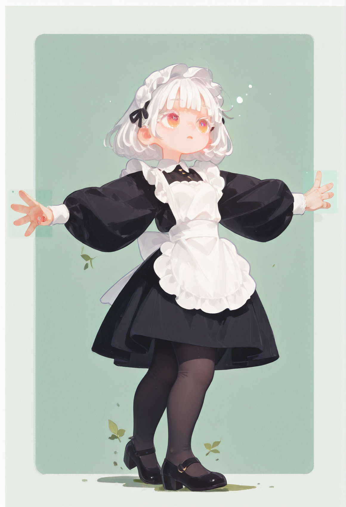 masterpiece, best quality, amazing quality, absurdres, newest, 
1girl with dynamic pose, solo, detailed face, detailed eyes,
(heroic pose, strong wind, dynamic pose,  dynamic angle), 
white hair, bobcut, pastel cyan eyes, blunt bangs, 
tight gossamer very short victorian black maid dress, maid apron, small breast,
(simple machine patterns in green  background with thick white border),
subtle fangs peeking out from slightly parted lips, tongue loosely hanging out, distant gaze, emotionless look, (dazed), 
BREAK,
contrapposto pose, stylish pose, stretched arms, 
 jumping, girl is floating,
 skinny upper body, 
[[chubby thick legs]], bottom heavy, black tights,
pumps,
 thick eyelashes, white long eyelashes, 
ultra-realistic, Flatline, Flat vector illustration, haiz_ai, no lineart, no outline,
pplegs,  tianliang duohe fangdongye, small head, eyefocus,
<lora:haiz_ai_illu:0.7> <lora:flatline:1.5>  <lora:Slider-LimbWidth:1.75> <lora:Slider-LegLength:-1.5>  <lora:v0.04_Concept_pony:0.375> <lora:fangdongye_v1.2:0.8>  <lora:Small_head:0.7> <lora:illustriousXL_stabilizer_v1.72:0.2> <lora:eye_focus:1>