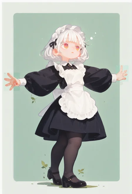 masterpiece, best quality, amazing quality, absurdres, newest, 
1girl with dynamic pose, solo, detailed face, detailed eyes,
(heroic pose, strong wind, dynamic pose,  dynamic angle), 
white hair, bobcut, pastel cyan eyes, blunt bangs, 
tight gossamer very short victorian black maid dress, maid apron, small breast,
(simple machine patterns in green  background with thick white border),
subtle fangs peeking out from slightly parted lips, tongue loosely hanging out, distant gaze, emotionless look, (dazed), 
BREAK,
contrapposto pose, stylish pose, stretched arms, 
 jumping, girl is floating,
 skinny upper body, 
[[chubby thick legs]], bottom heavy, black tights,
pumps,
 thick eyelashes, white long eyelashes, 
ultra-realistic, Flatline, Flat vector illustration, haiz_ai, no lineart, no outline,
pplegs,  tianliang duohe fangdongye, small head, eyefocus,
<lora:haiz_ai_illu:0.7> <lora:flatline:1.5>  <lora:Slider-LimbWidth:1.75> <lora:Slider-LegLength:-1.5>  <lora:v0.04_Concept_pony:0.375> <lora:fangdongye_v1.2:0.8>  <lora:Small_head:0.7> <lora:illustriousXL_stabilizer_v1.72:0.2> <lora:eye_focus:1>