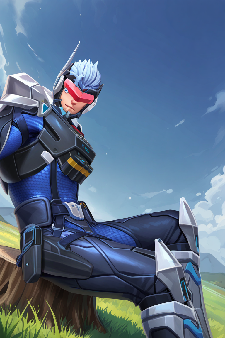 realistic shading, natural lighting, blindfolded-cyborg male focus, expressive serious face, saberregulator, red_saberregulator_tinted eyewear, light blue_saberregulator_spiked hair, grey-blue_saberregulator_single ear antenna, black_chin-head armor, manly, 1cyborg male, shiny skin, sitting on wooden stump, grey-blue_saberregulator_pauldrons, black-yellow-blue_saberregulator_chest armor, blue_saberregulator_bodysuit, black-blue_saberregulator_elbow armored gloves, grey-black-blue_saberregulator_boots, day outdoors, grass, shadow, foreshortening, dutch angle, dynamic angle, dynamic action, intricately detailed illustration, cinematic, depth of field, atmospheric perspective, masterpiece, best quality, amazing quality, very aesthetic, absurdres, newest