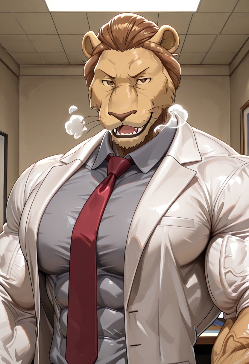 masterpiece, best quality, amazing quality, very aesthetic, absurdres, newest, high quality, detailed, male, solo male, 1boy, MayorBeastars, anthro, lion, mature male, athletic build, muscle body, muscle biceps, muscle chest, abs, upper body, brown eyes, brown hair, animal ears, broad shoulders, red tie, gray shirt, white suit jacket,open mouth, sharp fangs, office, looking at viewer, smiling, volumetric lighting, smug grin, hyper pecs, muscle veins, evil smile, heavy breathing, steam, head focus, upper body,  large fangs, saber tooths, licking his lip