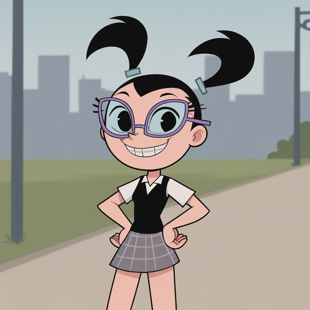 score_7_up, BREAK, Tootie, 1girl, solo, black hair, twintails, black eyes, glasses, white shirt, school uniform, plaid skirt,  <lora:Tootie_FOP_PXL_Leaf2:1>, cowboy shot,  outdoors, hands on own hips, smile,