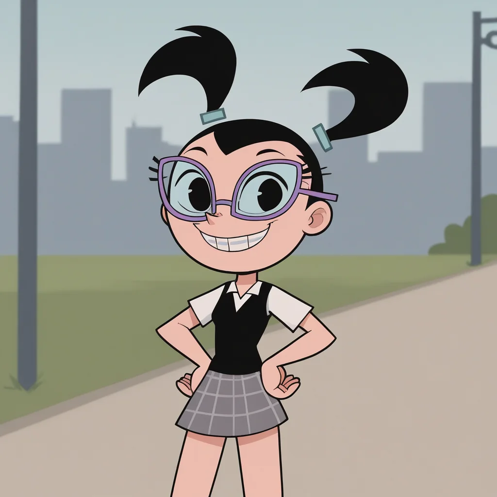 score_7_up, BREAK, Tootie, 1girl, solo, black hair, twintails, black eyes, glasses, white shirt, school uniform, plaid skirt, <lora:Tootie_FOP_PXL_Leaf2:1>, cowboy shot, outdoors, hands on own hips, smile,
